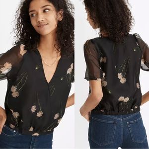 Madewell NWT Silk Organza Puff Sleeve Wrap Top Aster Portrait Floral Womens M